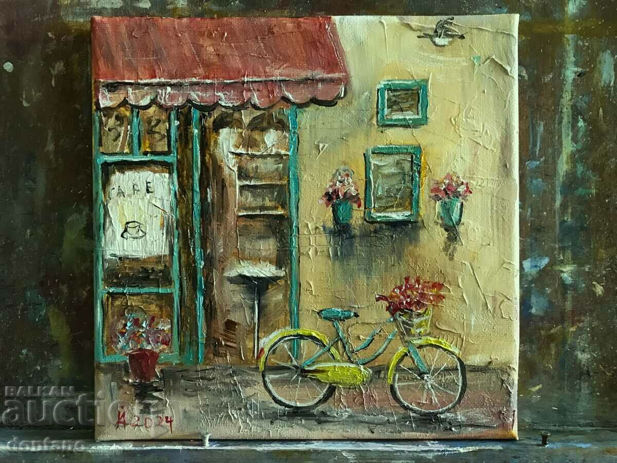 Pictura in ulei cu textura, peisaj - Cafea in Toscana - Italia