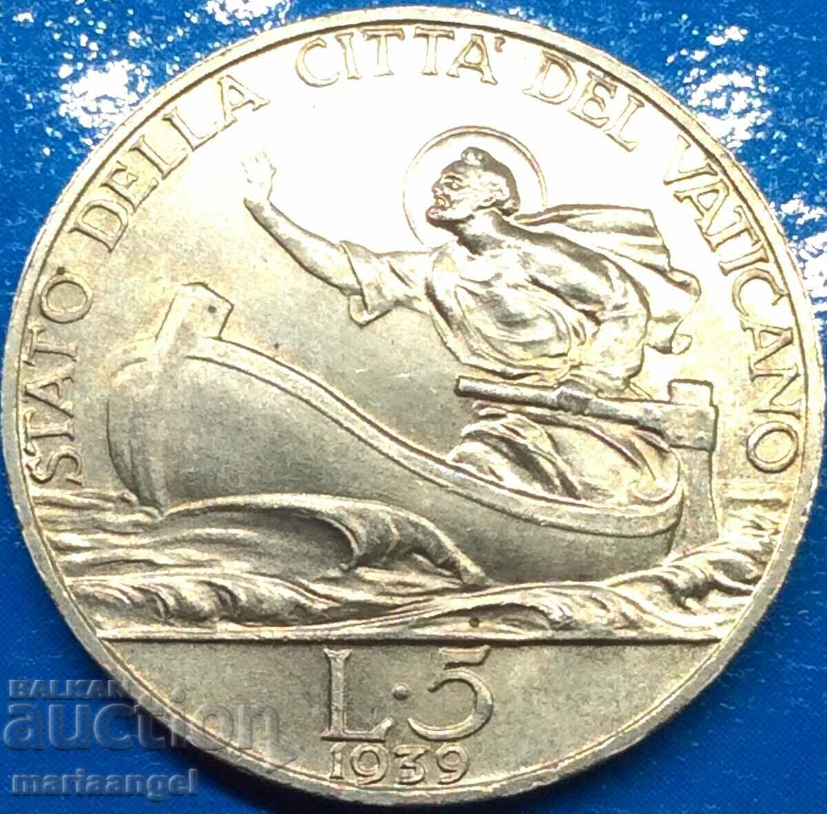 5 лири 1939 Ватикан Пий XII UNC сребро Златна Патина