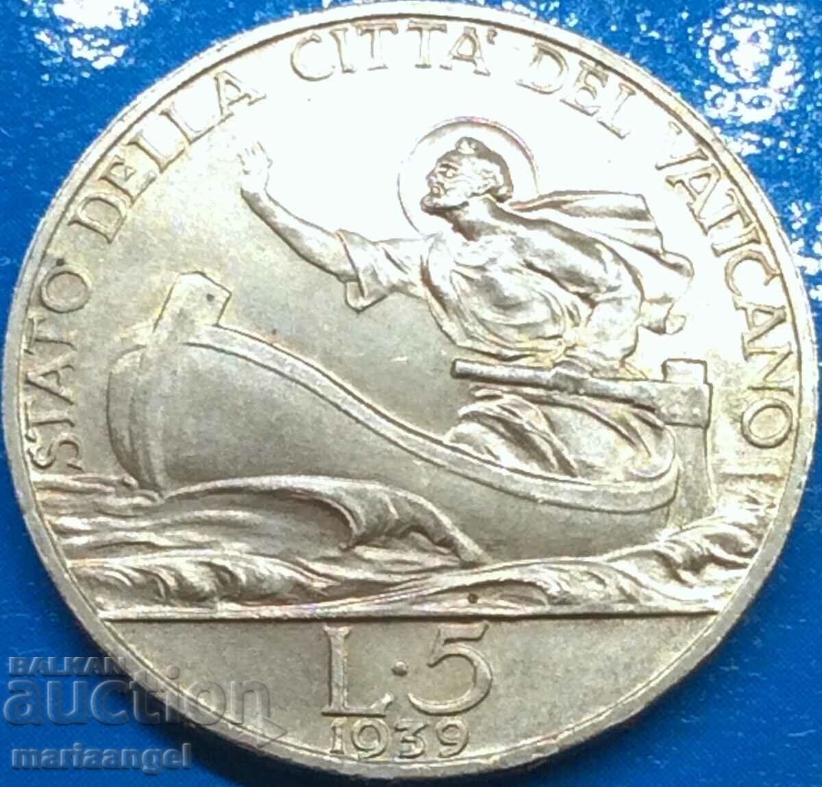 5 Lira 1939 Vatican Pius XII UNC Silver Gold Patina