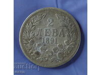 1891 Monedă 2 Lev Ferdinand Argint Argint Bulgaria