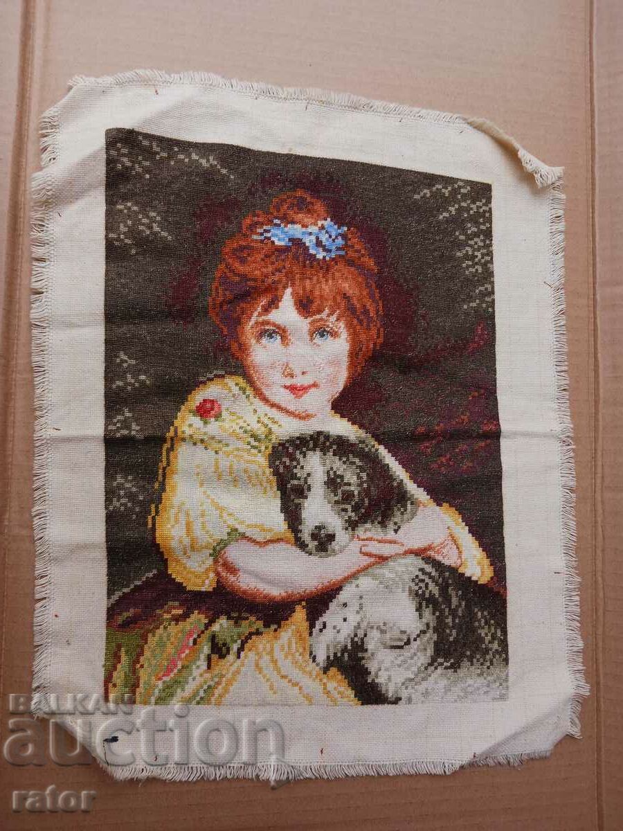 Old hand-sewn tapestry GIRL WITH DOG