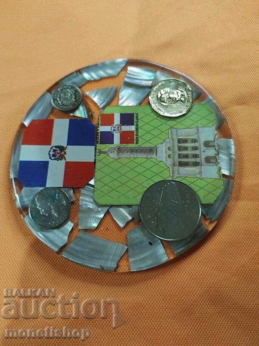 Plaque - a panel of coins and mother-of-pearl from the Dominican Republic