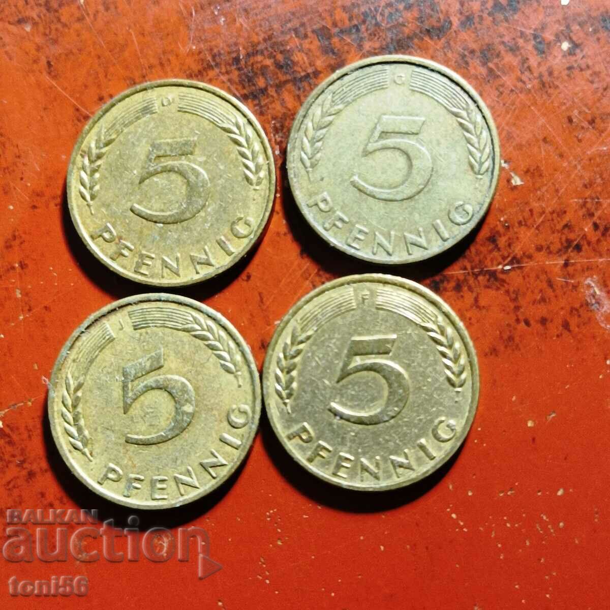 Γερμανία - FRG, 4x5 pfennig 1950 - όλα τα νομισματοκοπεία