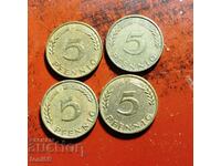 Германия - ГФР, 4х5 пфенига 1950 - всички монетни дворове
