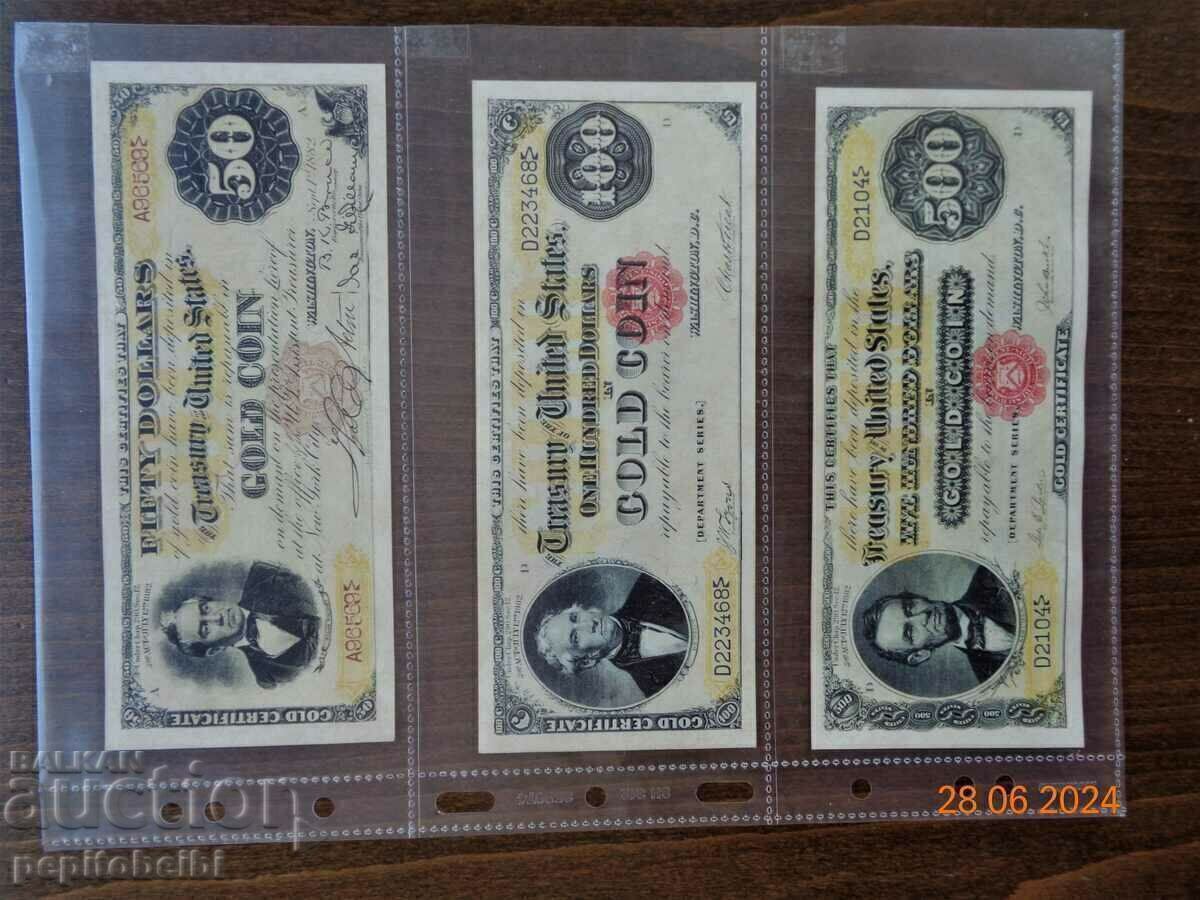 Serifit rar SUA GOLD 1882. copii de bancnote