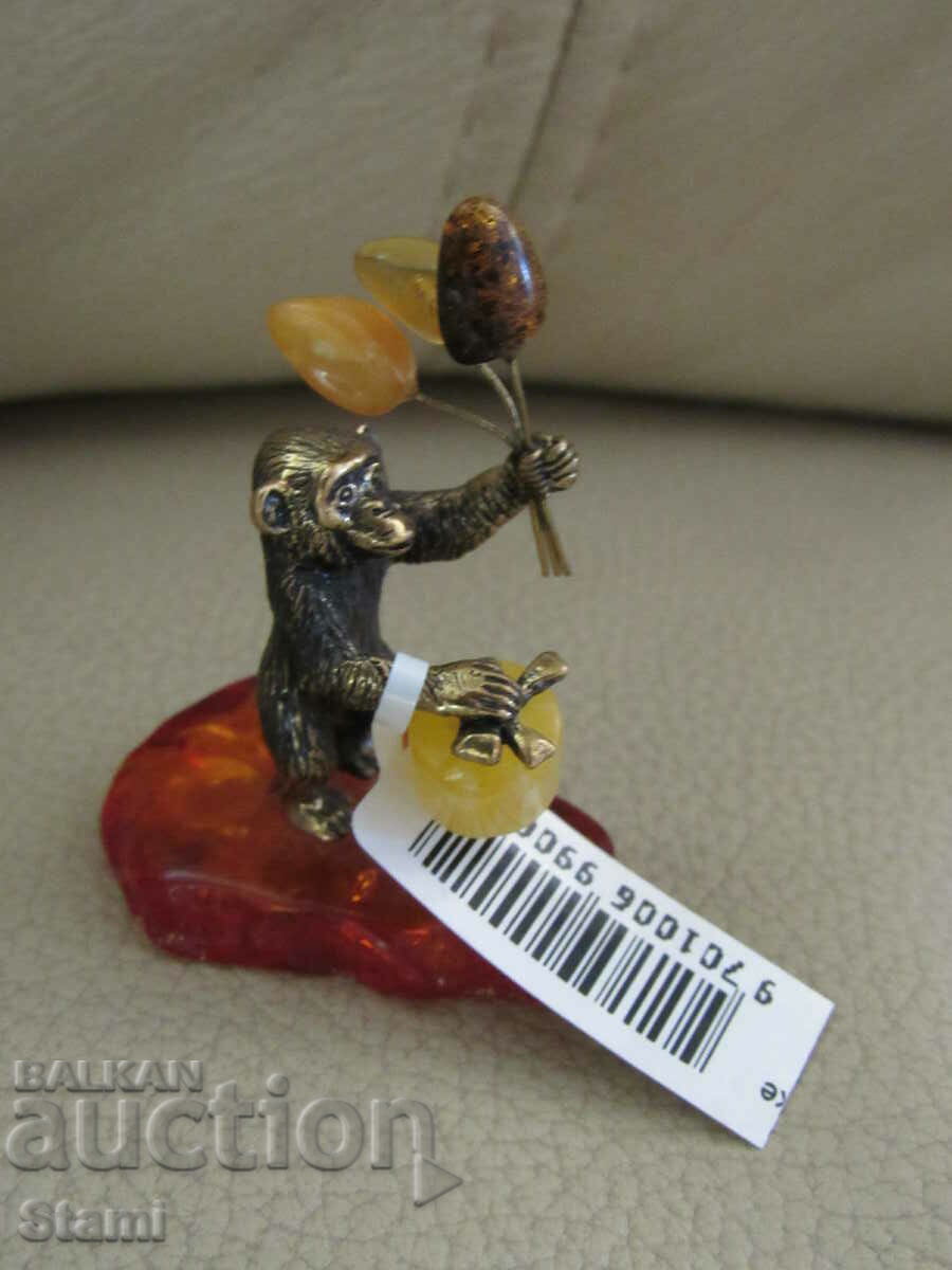 Monkey figure - bronze and premium Baltic amber
