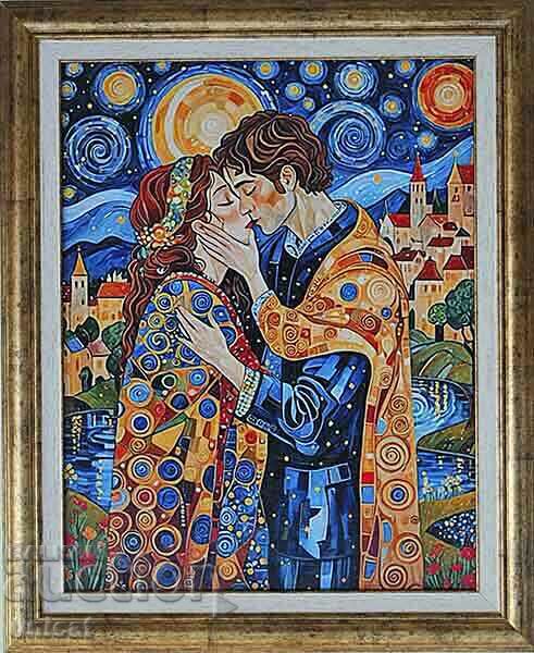 "The Lovers", a painting in the style of Gustav Klimt and Van Gogh