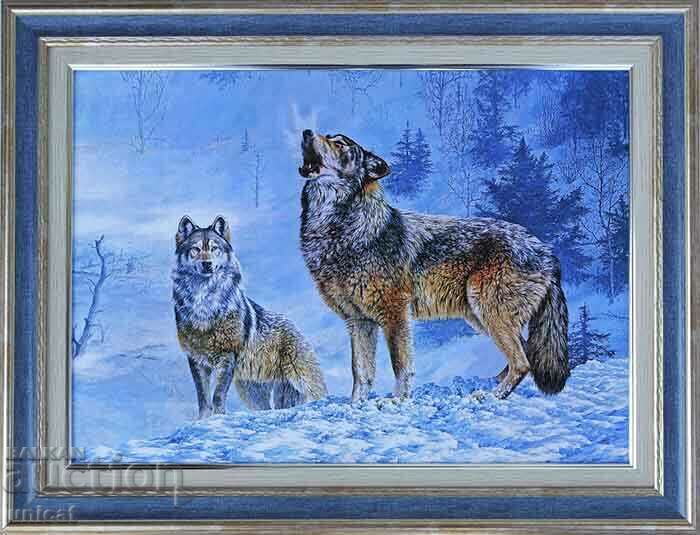 ”Дивото зове”, зимен пейзаж с вълци, картина за ловци