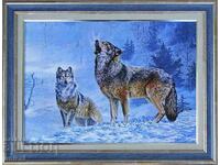 "The wild is calling", winter landscape with wolves, picture for hunters