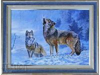 "The wild is calling", winter landscape with wolves, picture for hunters