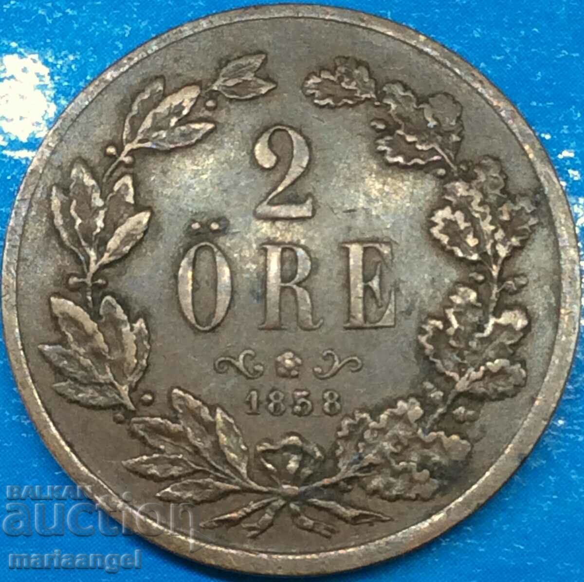 Sweden 2 ore 1858 King Oscar copper