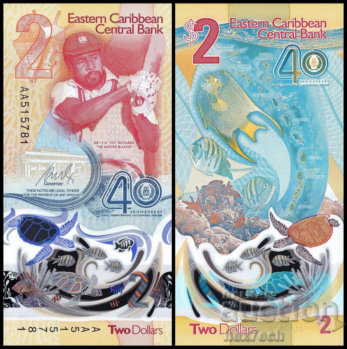 ❤️ ⭐ Caraibe de Est 2023 2 USD Polymer UNC nou ⭐ ❤️