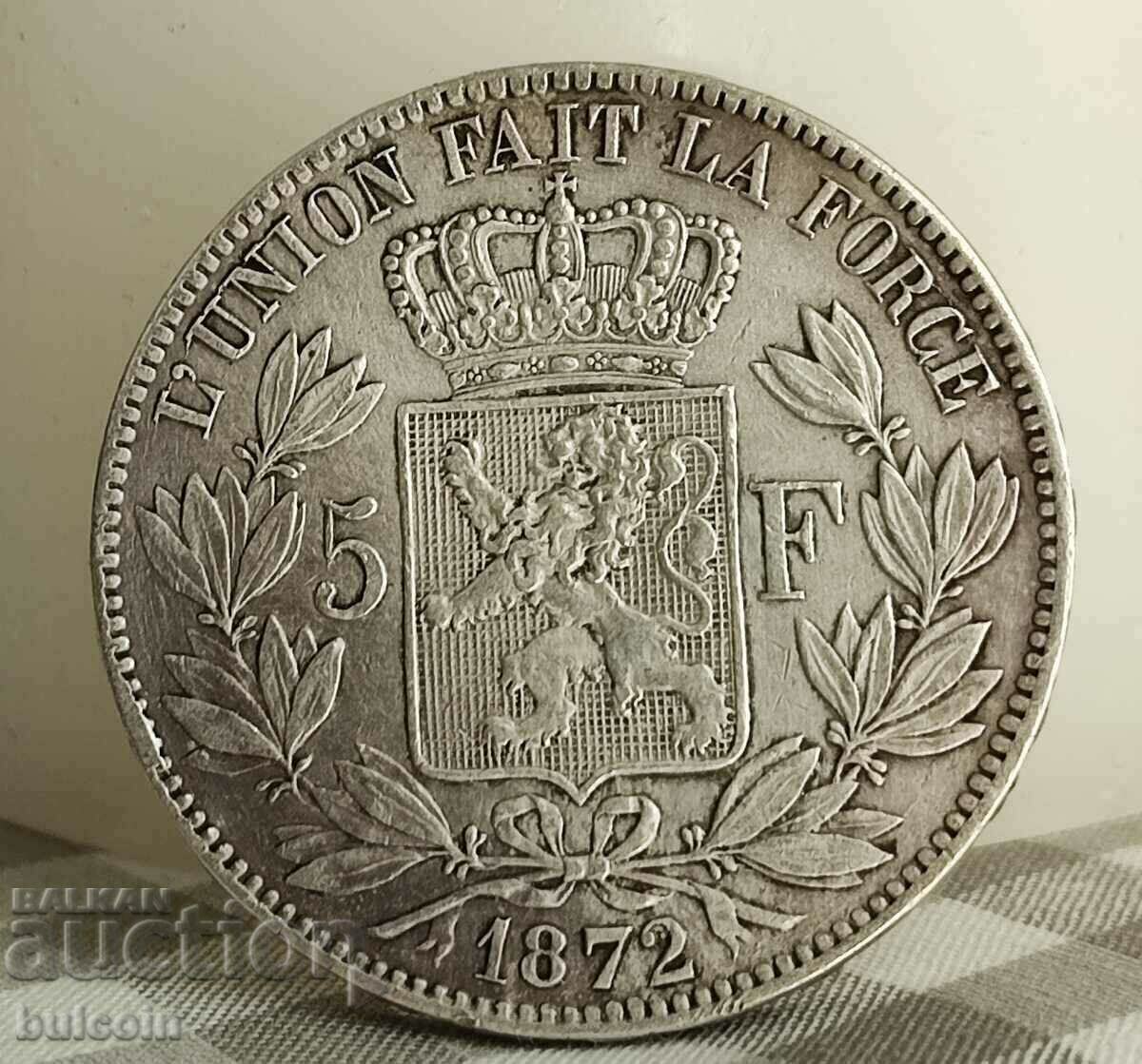 BELGIUM XF SILVER COIN 5 FRANC 1872/ LEOPOLD II