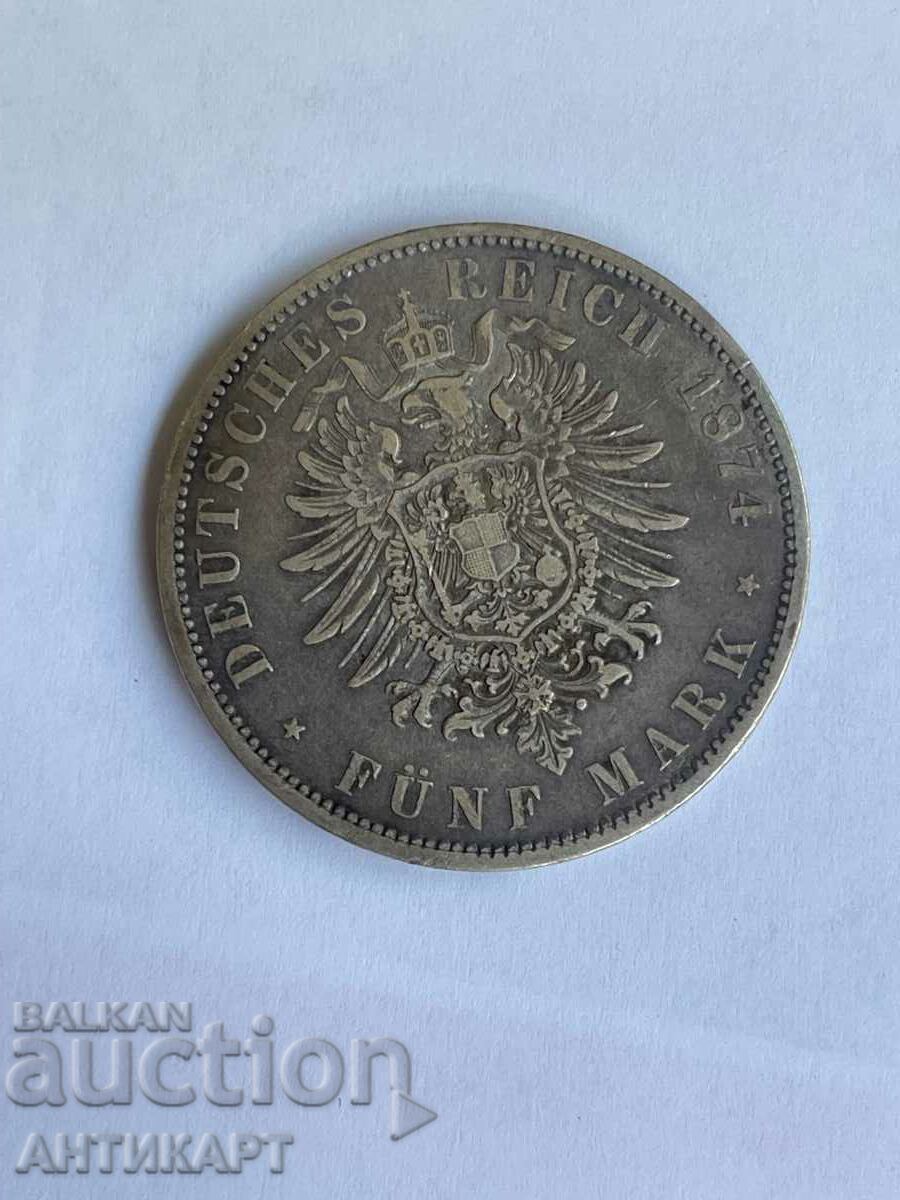 сребърна монета 5 марки Германия 1874 Вилхелм Прусия сребро