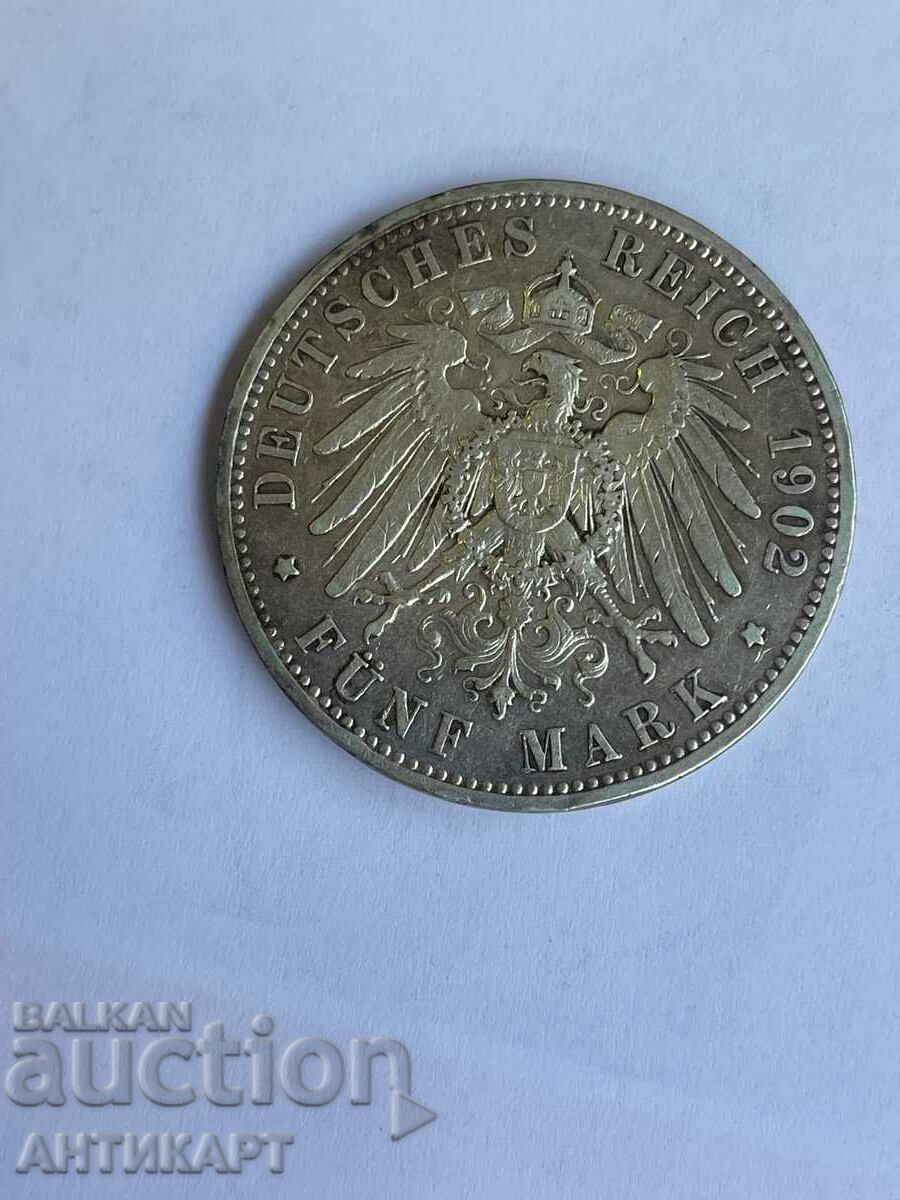 сребърна монета 5 марки Германия 1902 Вилхелм Прусия сребро
