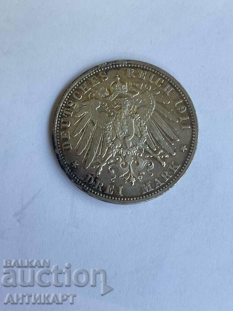 сребърна монета 3 марки Германия 1911 Вилхелм Прусия сребро