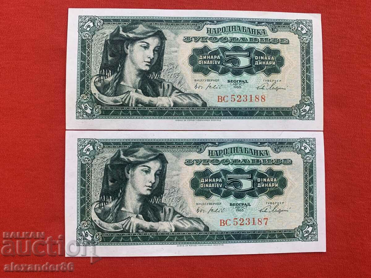 5 dinars 1965 Yugoslavia two banknotes