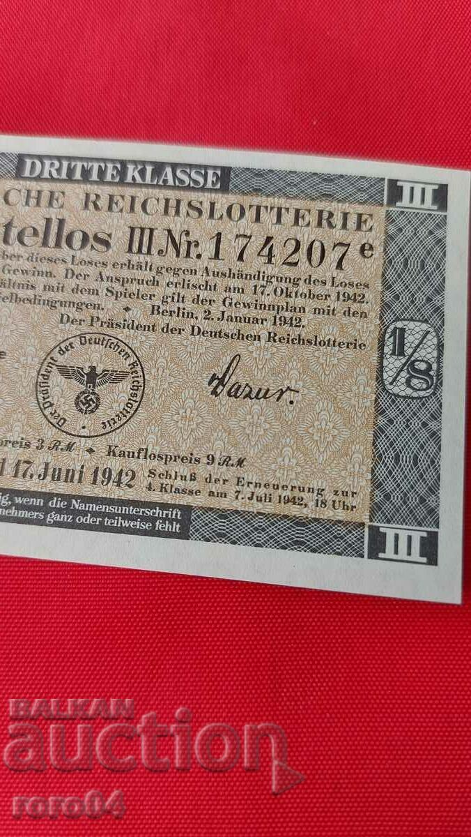 LOTTERY TICKET - NAZI GERMAIA - No 174207 e - 5 LOTTERY TICKET - NAZI GERMAIA - No 174207 e - 5