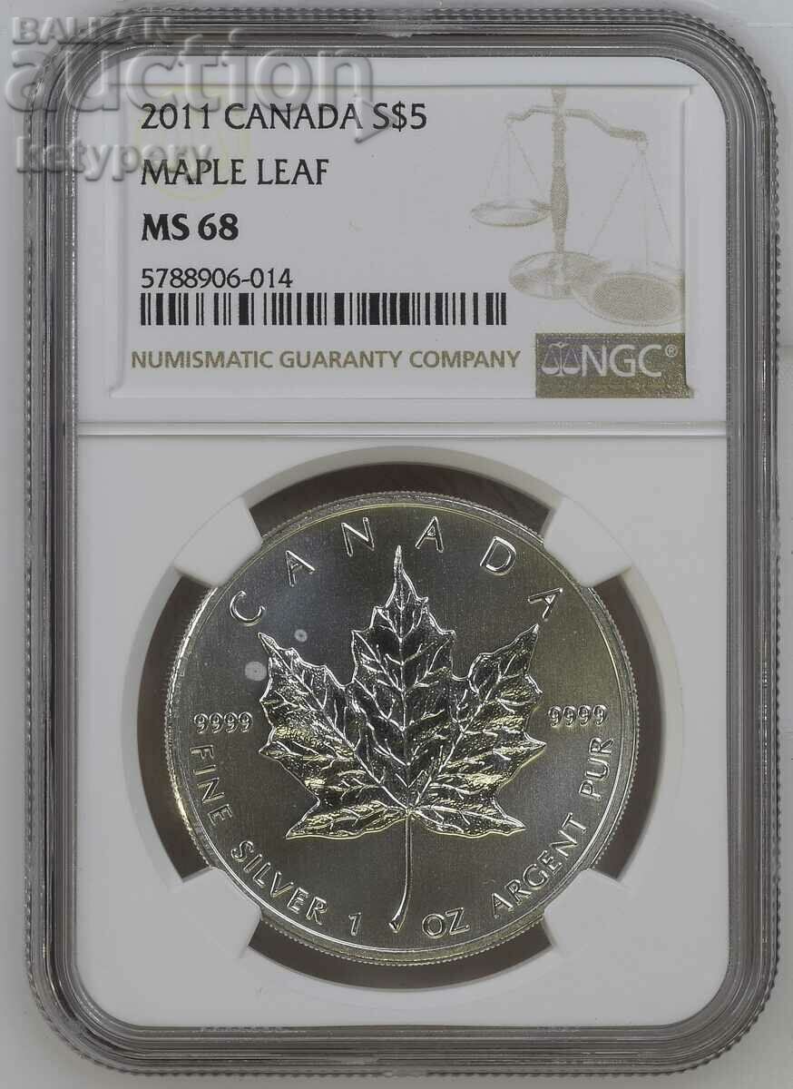 1 oz сребро 5 долара Канадски кленов лист 2011 г NGC MS 68