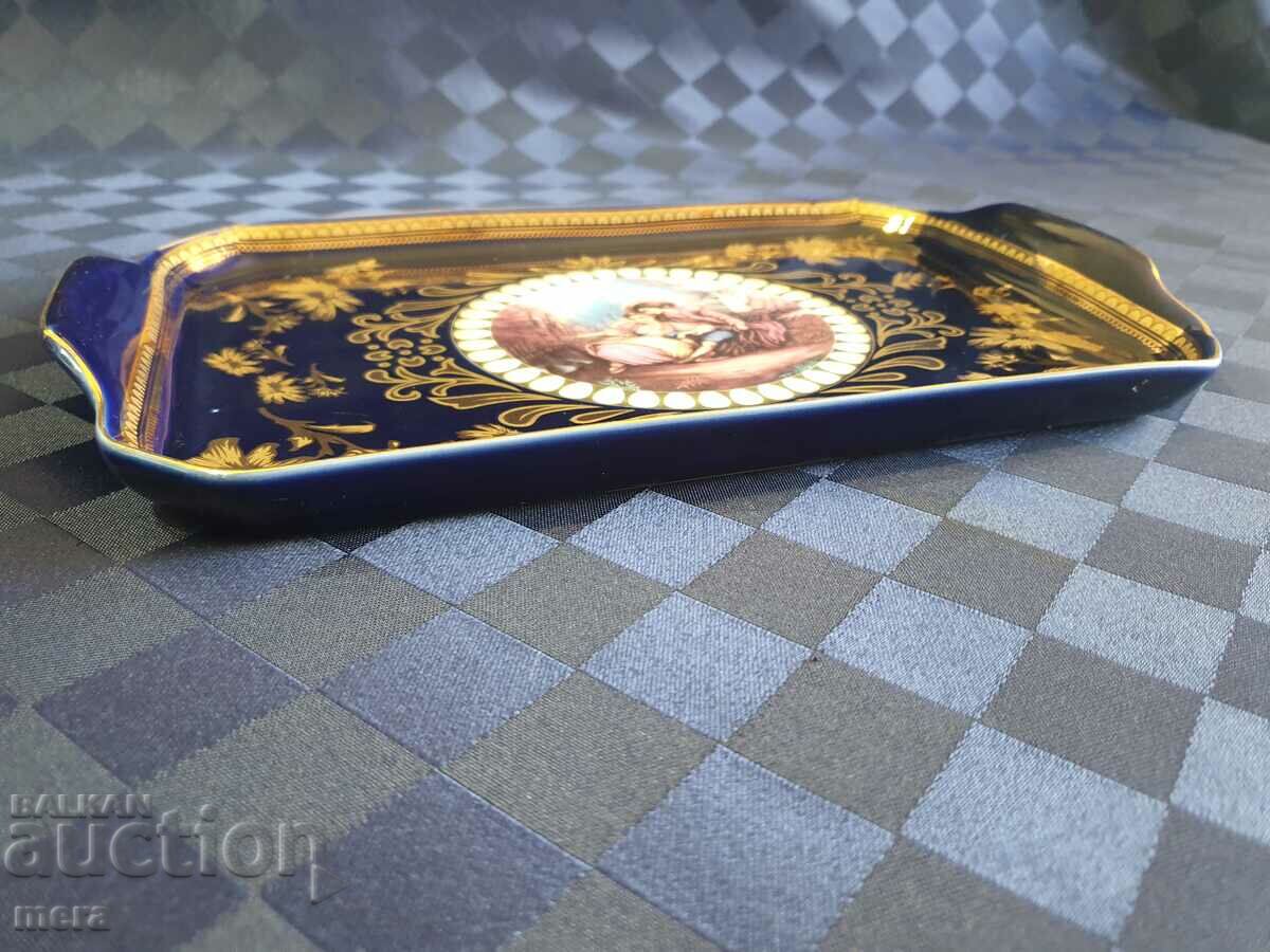 Auction Porcelain cobalt tray with gilt Auction Porcelain cobalt tray with gilt