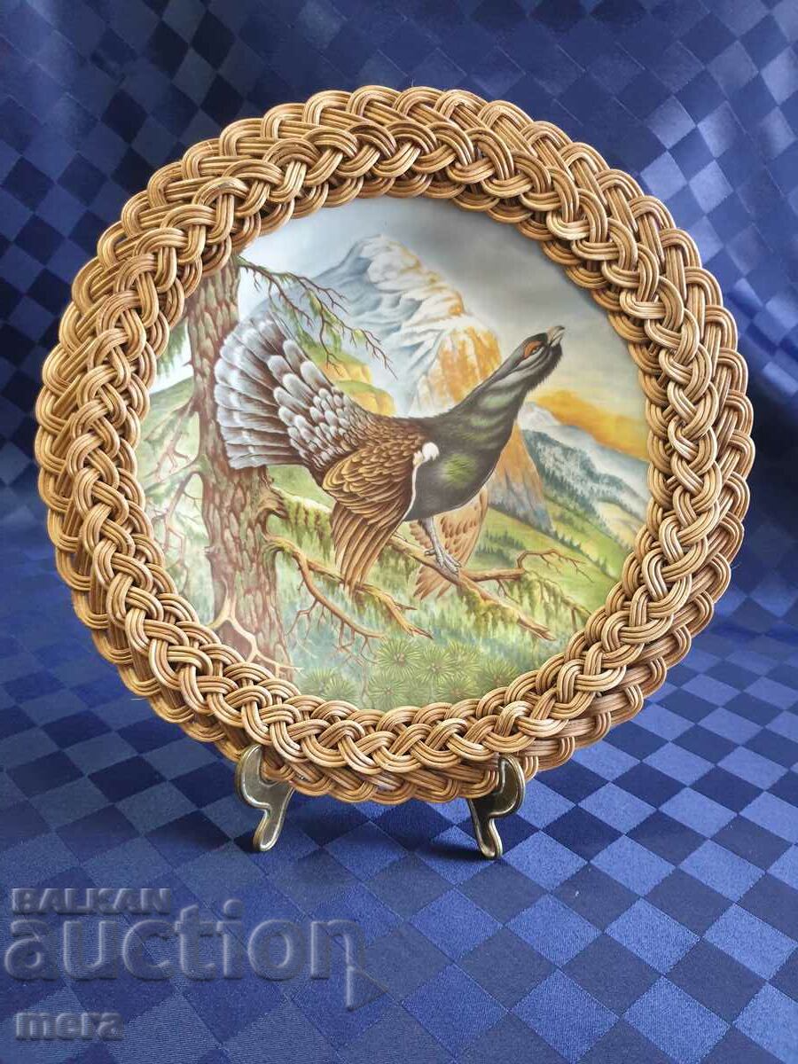 Porcelain hand painted wall plate with wicker hardware