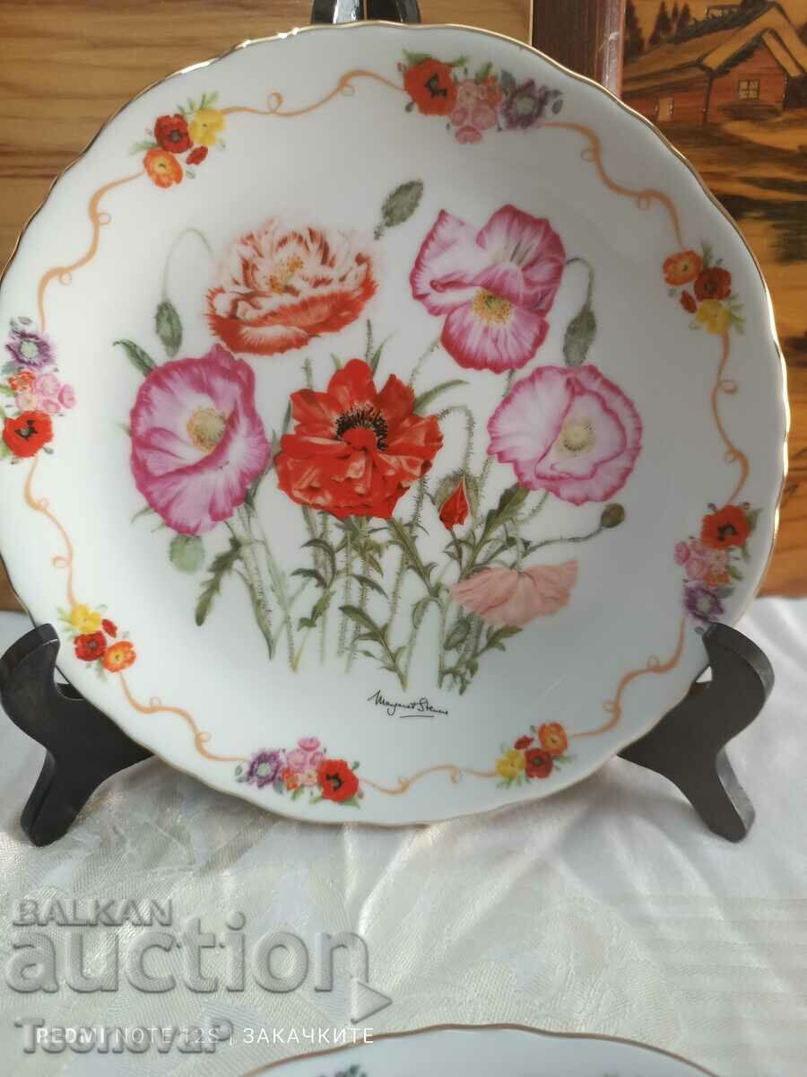 Decorative English plate of fine porcelain with poppies