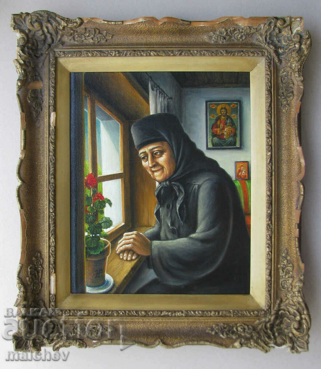 Pictură în ulei veche bulgară Călugăriță 38/46 cm, excelentă