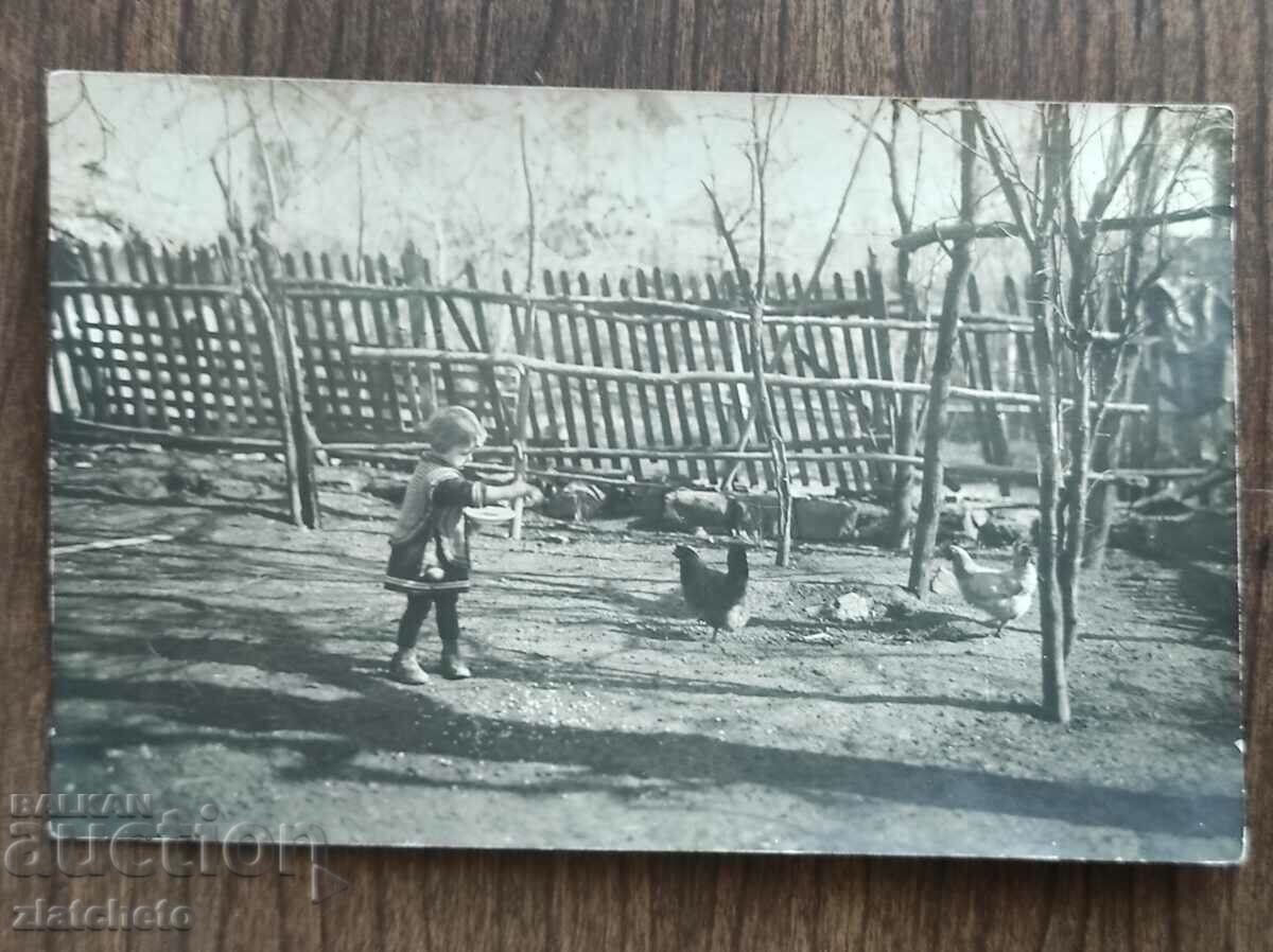 Стара снимка Царство България - дете в селски двор