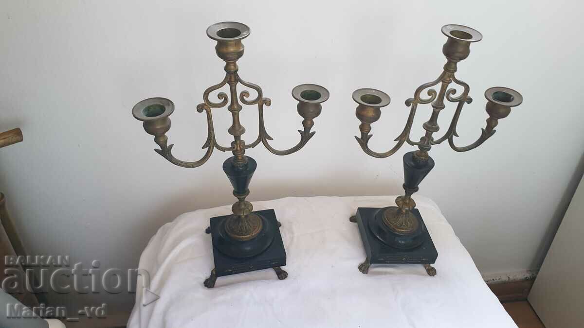 Two bronze and onyx candlesticks