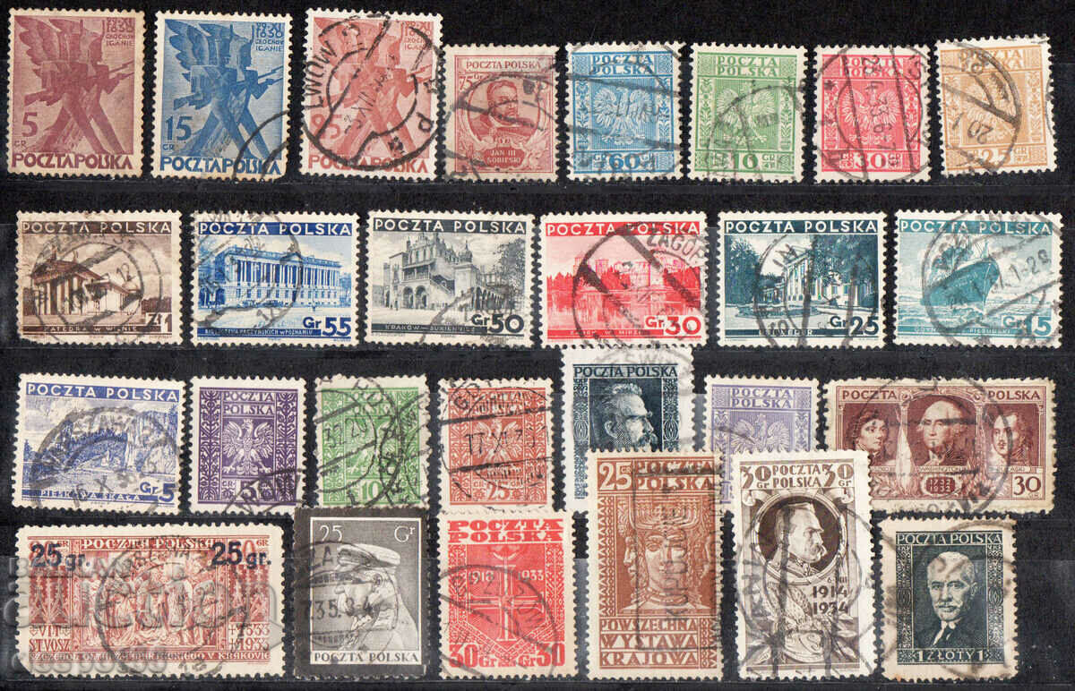 1928-35. Polonia. Multe timbre poștale vechi din epocă.