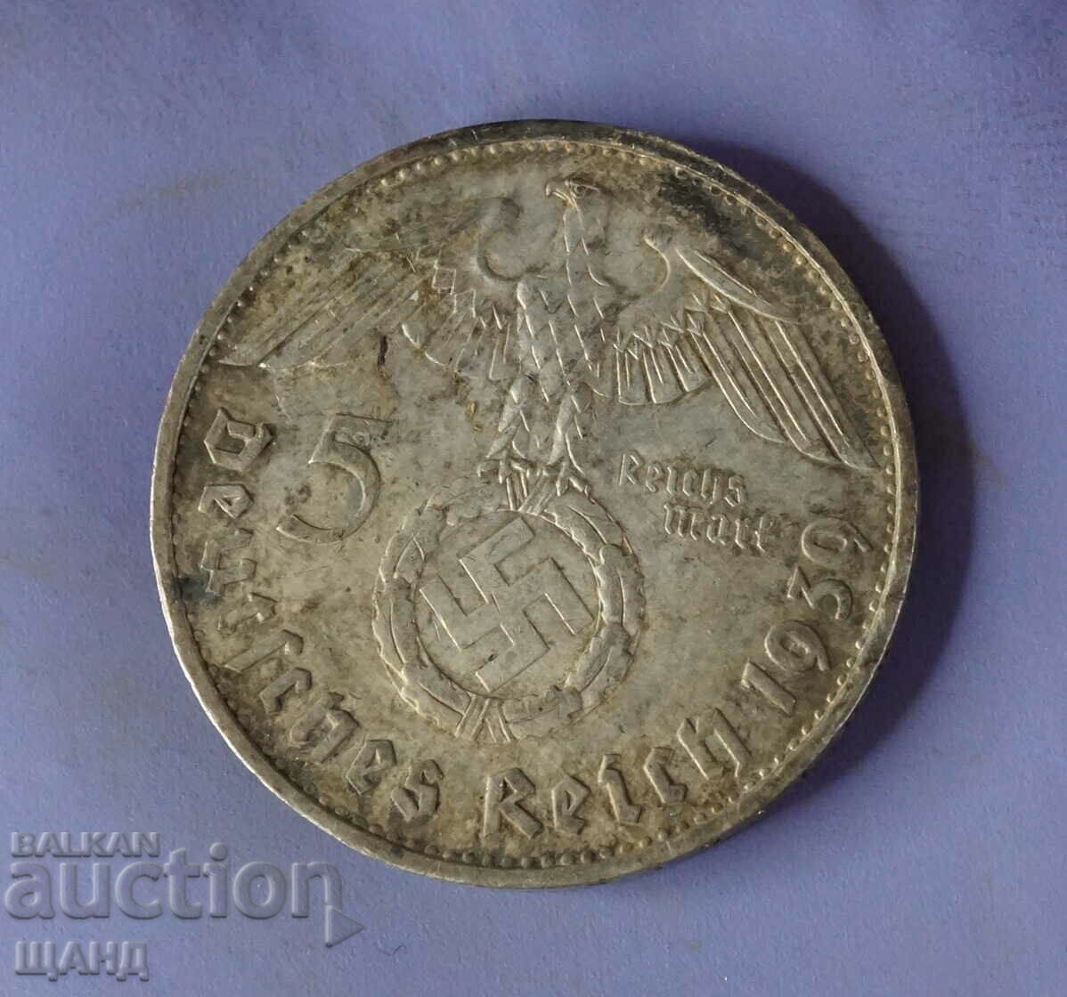 1939  Германия сребърна монета 5 марки