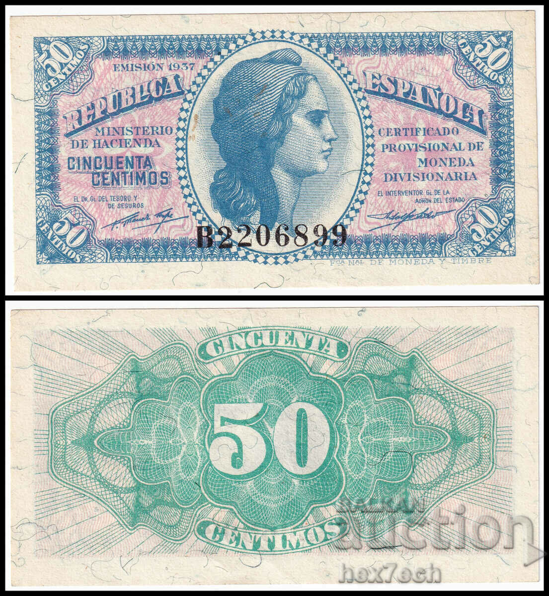 ❤️ ⭐ Spania 1937 50 de centimos ⭐ ❤️