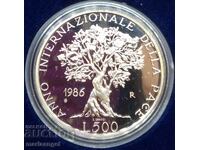 500 лири 1986 Италия Световен Ден на МИР UNC сребро
