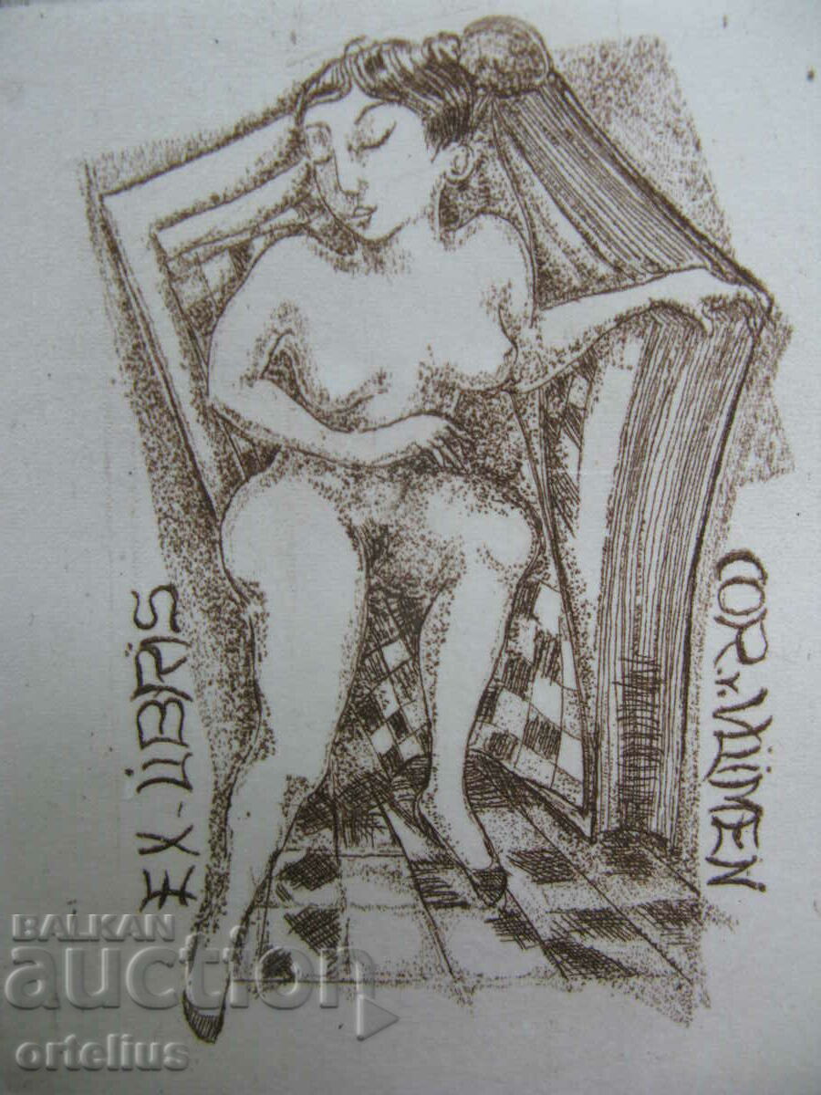 Engraving Bookplate Erotic nude body ORIGINAL