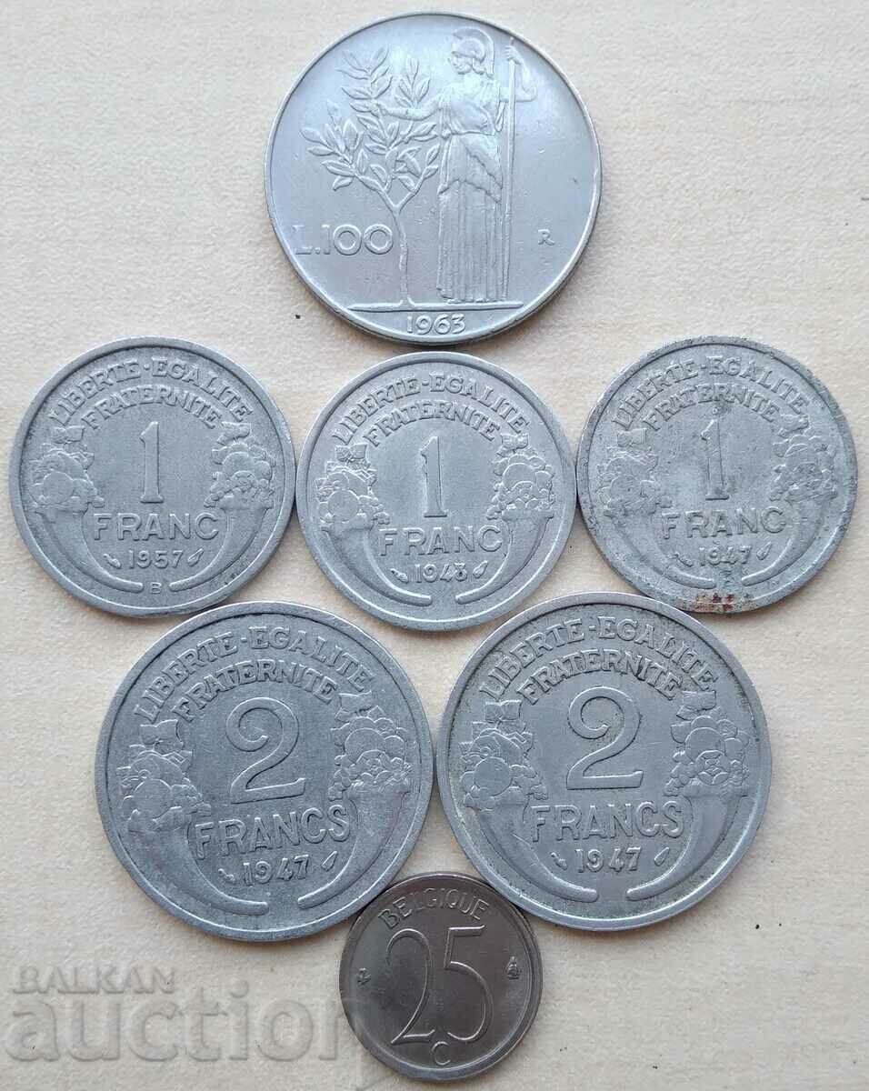 16452 Монети Франция Италия Белгия - ЛОТ 7 бр.