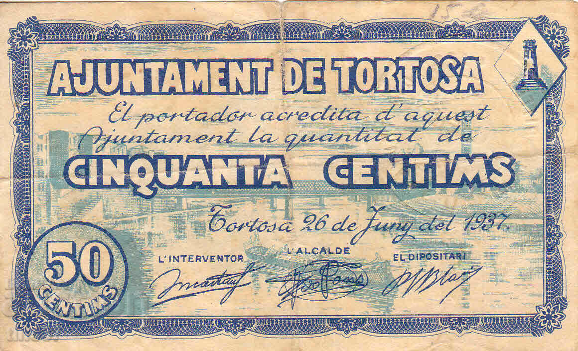 tino37- SPAIN /TORTOSA/ - 50 CENTIMES - 1937 - RARE!!! with price 21.70 BGN | € 11.10 tino37- SPAIN /TORTOSA/ - 50 CENTIMES - 1937 - RARE!!! with price 21.70 BGN | € 11.10