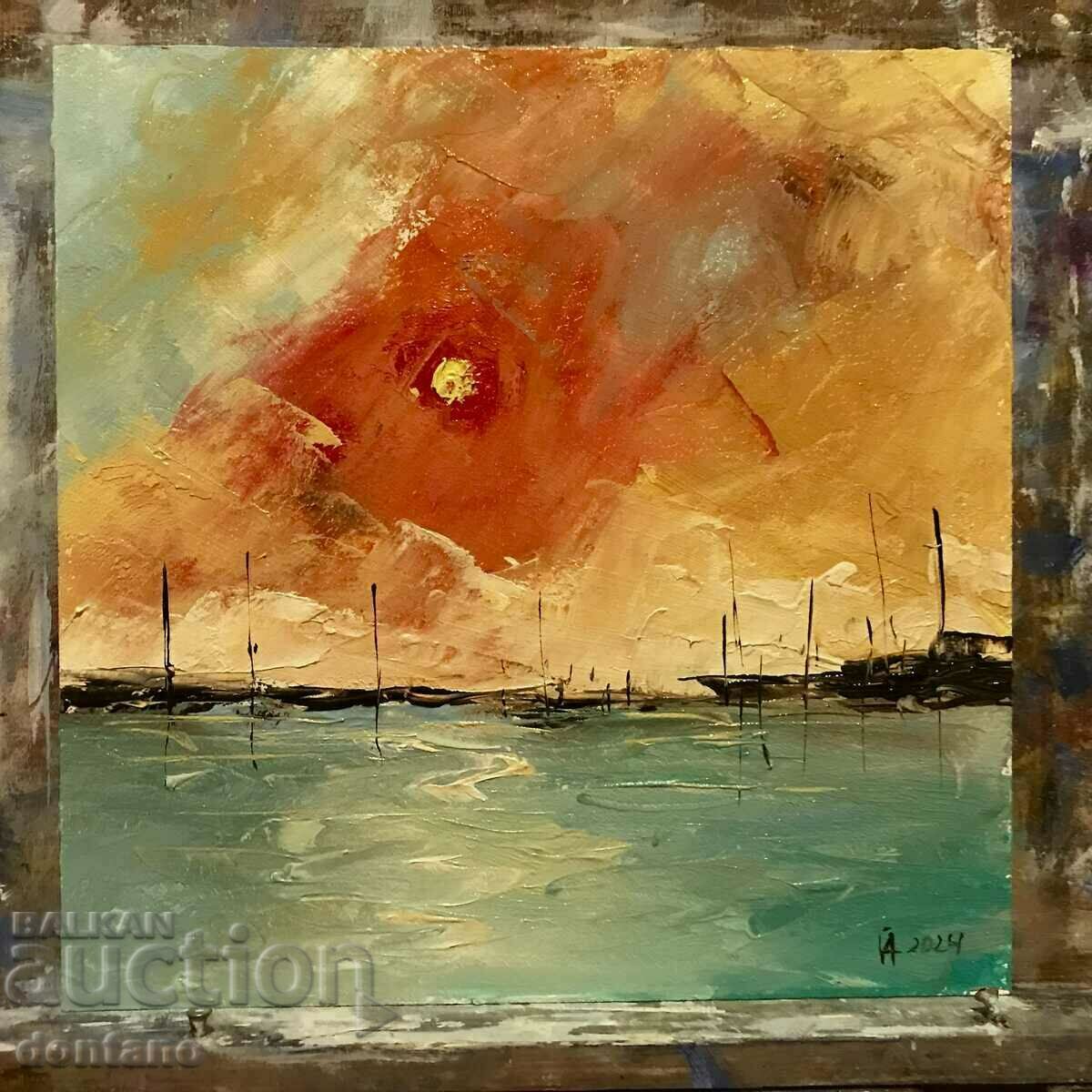 Oil painting on board - Seascape - Boats 20 / 20 cm