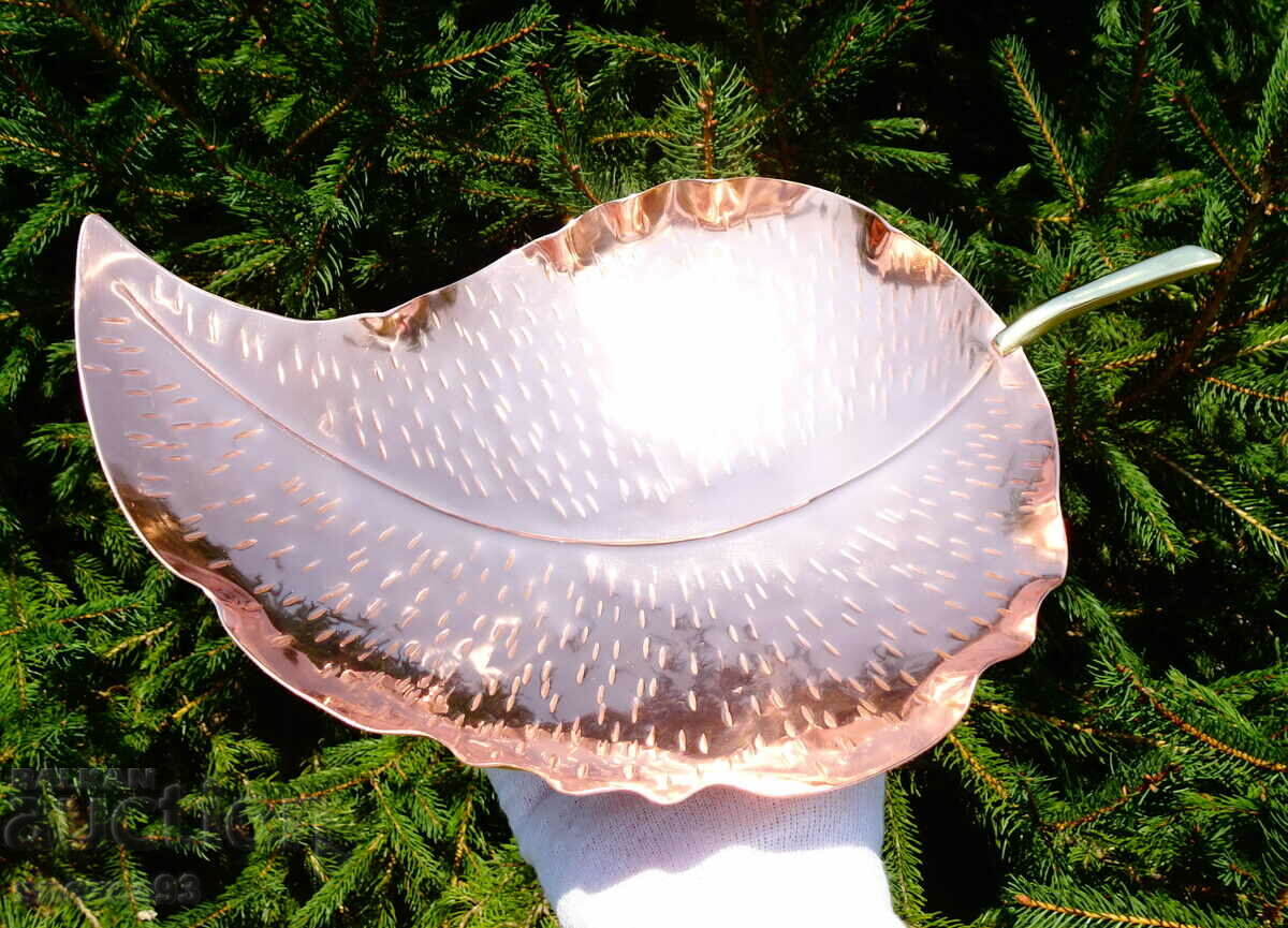Copper fruit bowl, copper vessel, embossed leaf.