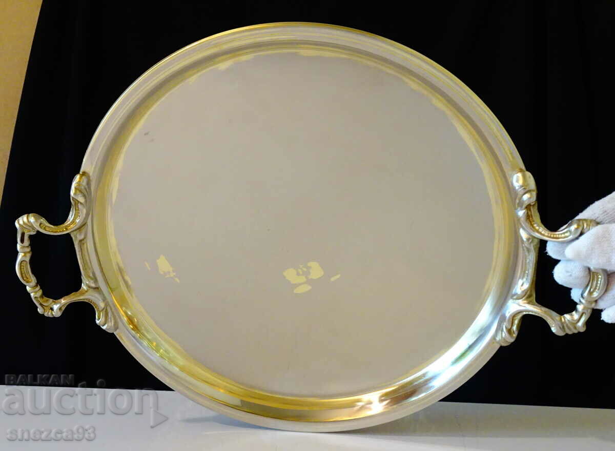 Silver-plated tray, solid brass, embossed handles.