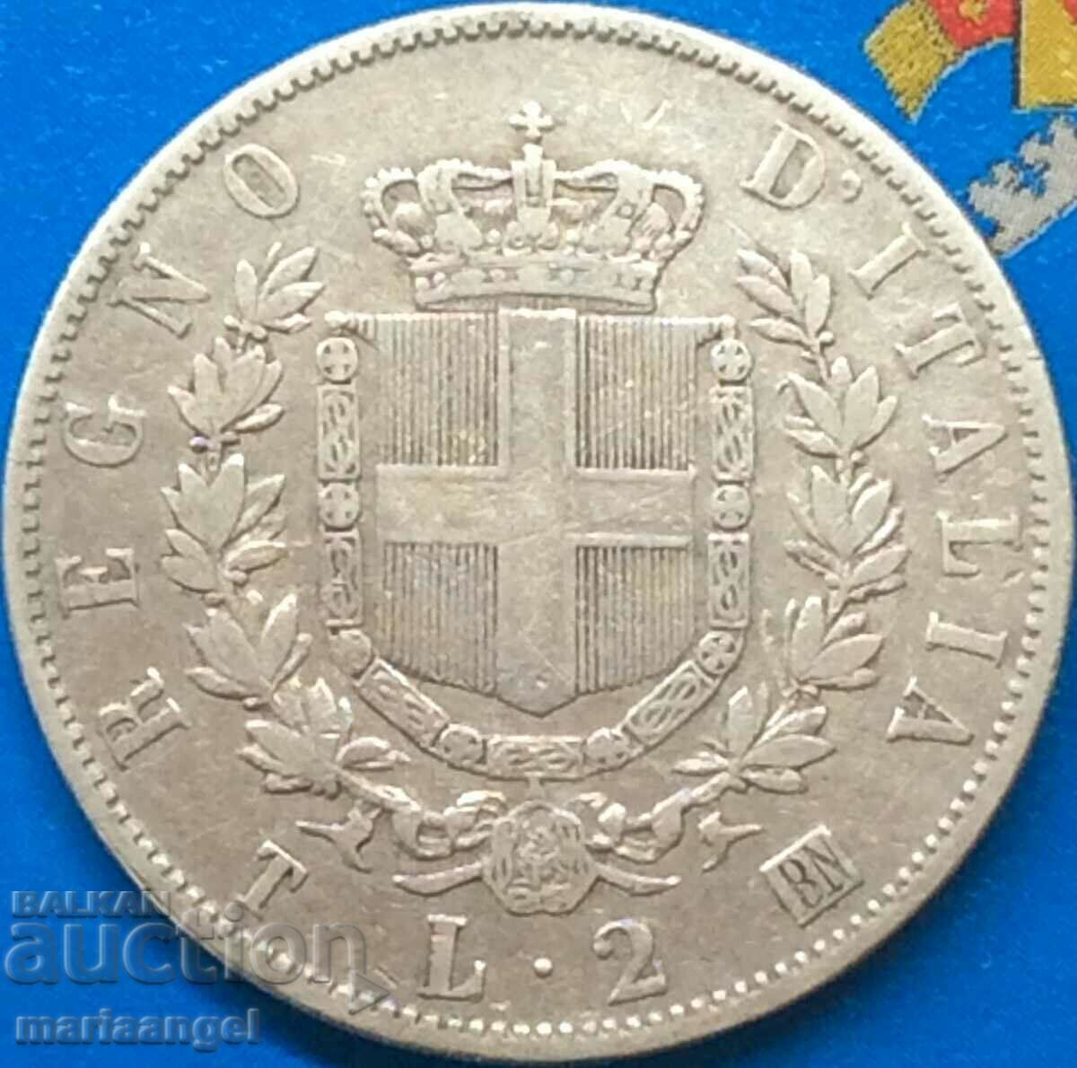 2 лири 1863 Т - Турин Италия "ЩИТ" Shield BN - Бирминхам Ag