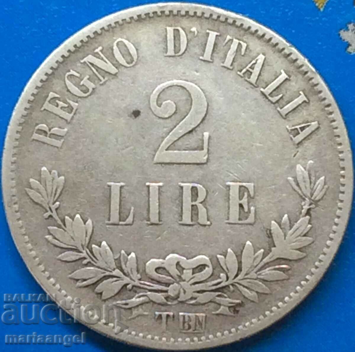 2 лири 1863 Т - Турин Италия "ЦИФРА" DIGIT BN-Бирминхам Ag