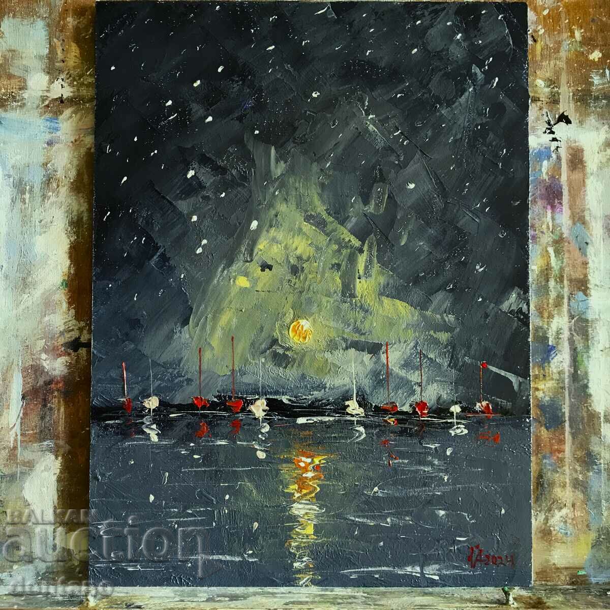 Pictura in ulei - Peisaj marin - Barci noaptea 24/18 cm