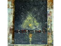 Oil painting - Seascape - Boats at night 24/18 cm