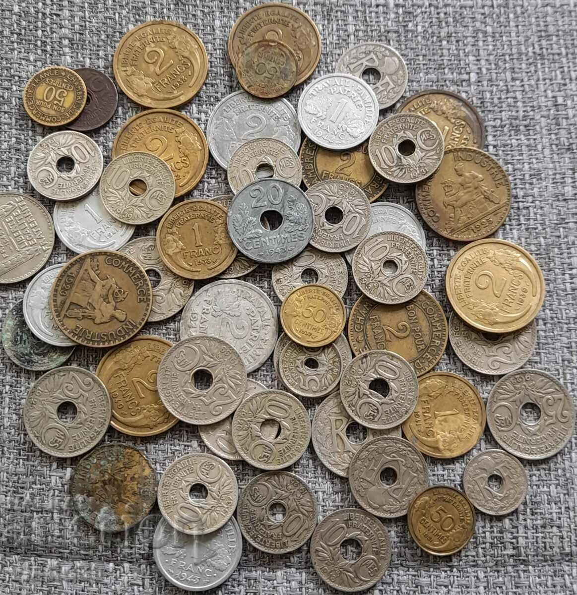 53 old French coins of the 20th, 30th and 40th years of the 20th century.