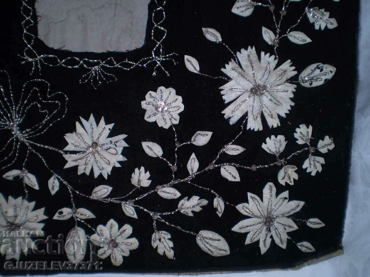 Auction  19th century hand embroidered picture frame on black