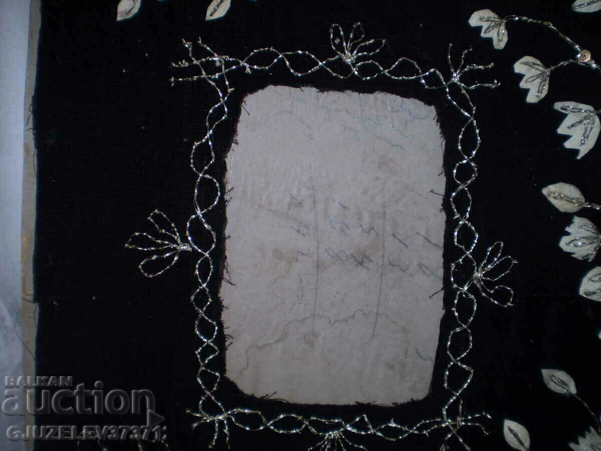 19th century hand embroidered picture frame on black - 6