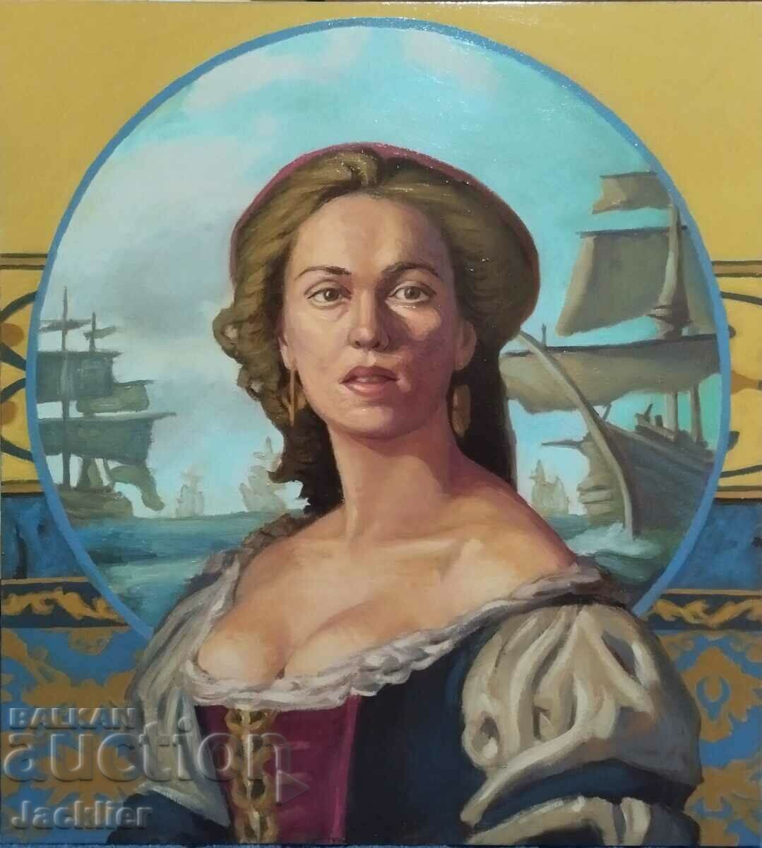 "The Admiral's Wife", painting, Plamen Ovcharov, 56.8x62.4