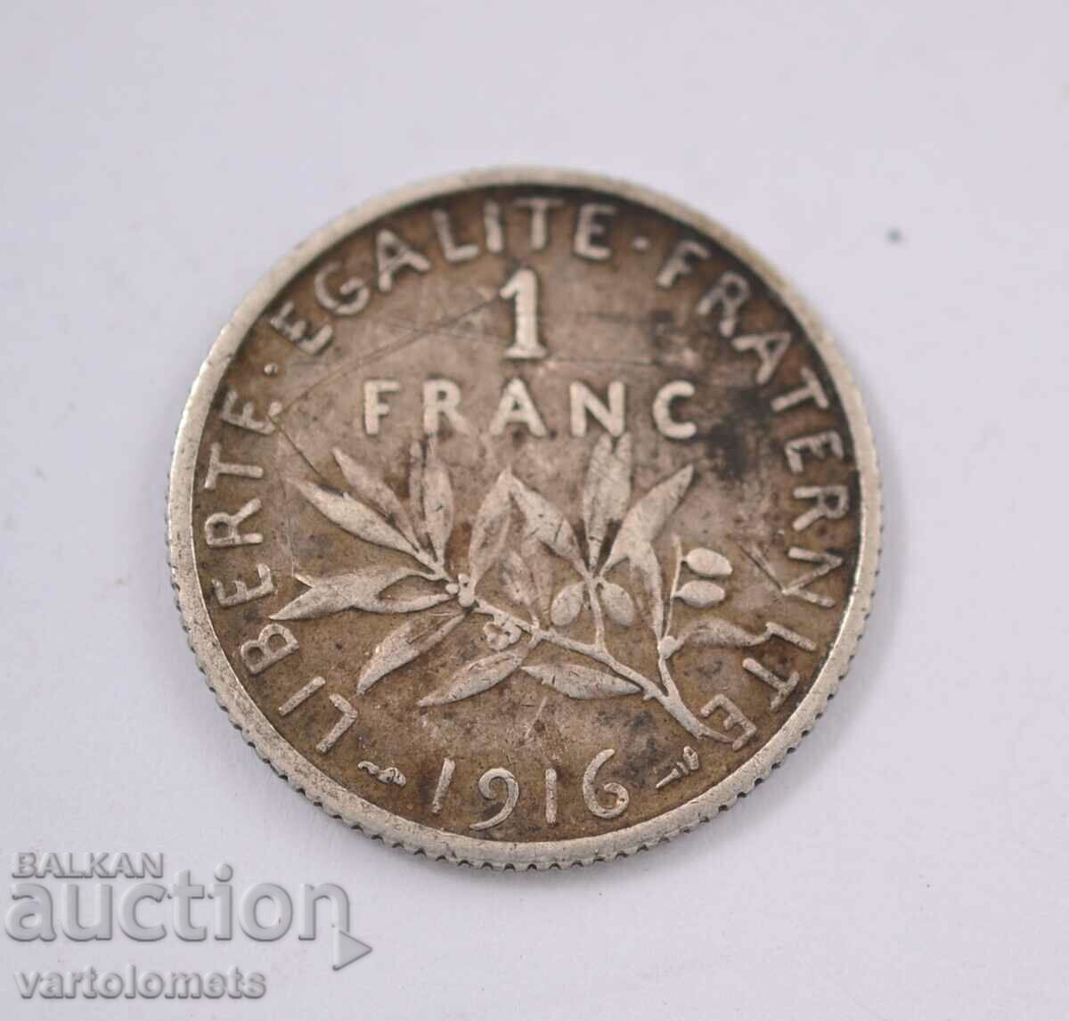 1 Franc, 1916 - France Silver 0.835, 5g, ø 23mm