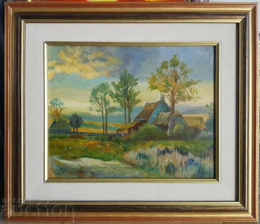Un peisaj frumos cu un râu și o casă de un pictor european în ulei