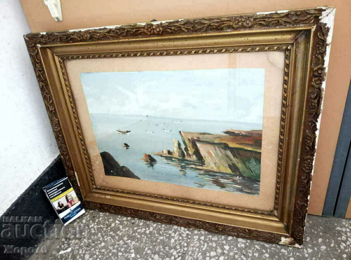 Auction Old OIL PAINTING Sea and Mountain Landscape TEMPERA 1970s Auction Old OIL PAINTING Sea and Mountain Landscape TEMPERA 1970s